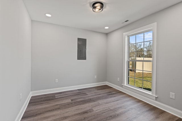 spare room featuring plenty of natural light and dark hardwood / wood-style flooring