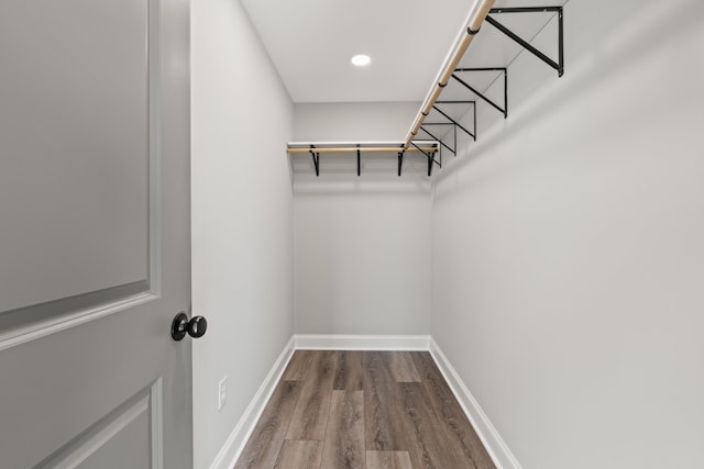 walk in closet with wood-type flooring