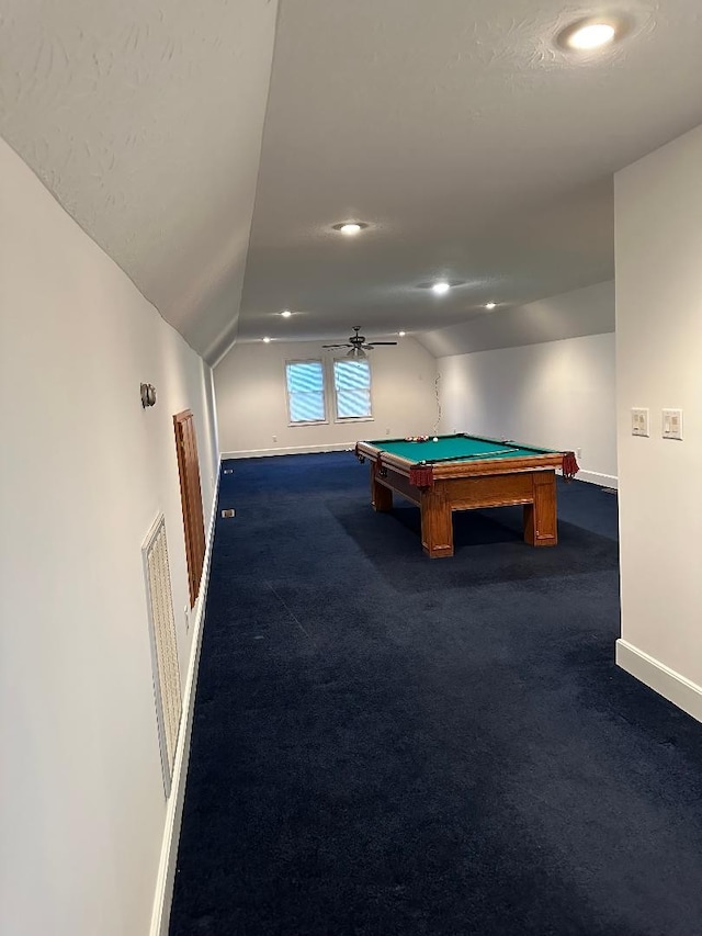 playroom with ceiling fan, dark colored carpet, lofted ceiling, and pool table