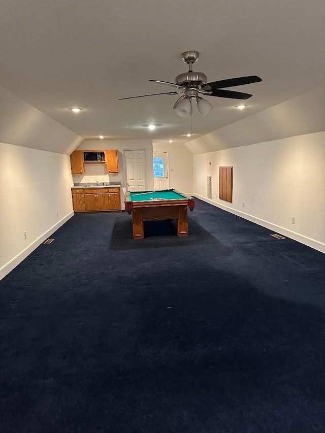 game room with dark colored carpet, ceiling fan, pool table, and vaulted ceiling