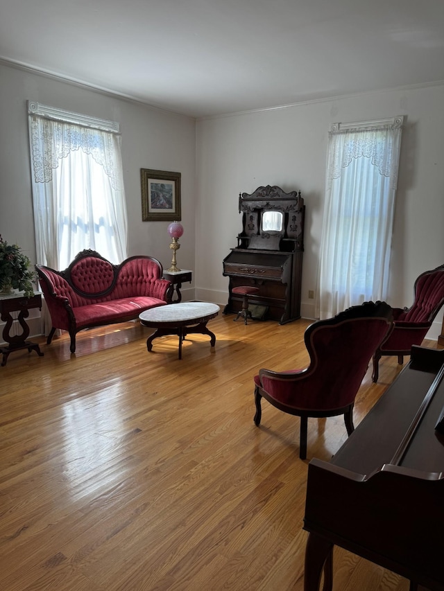 living area with hardwood / wood-style floors