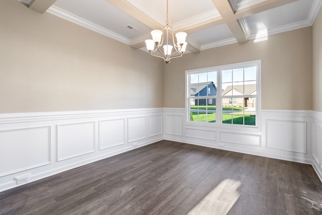 unfurnished room featuring coffered ceiling, beamed ceiling, dark hardwood / wood-style floors, crown molding, and a chandelier