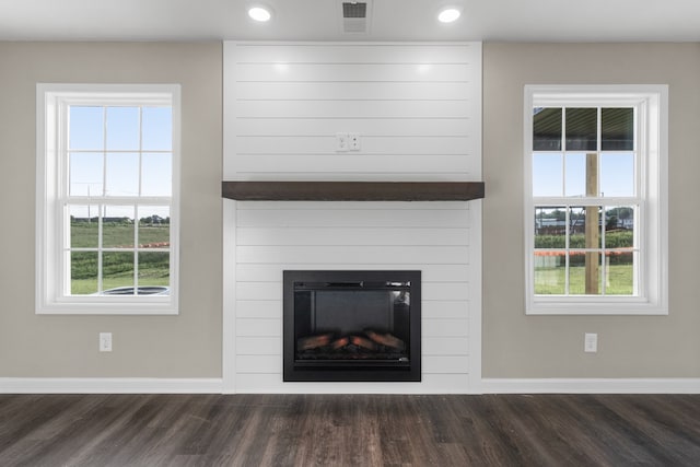 details with a fireplace and wood-type flooring