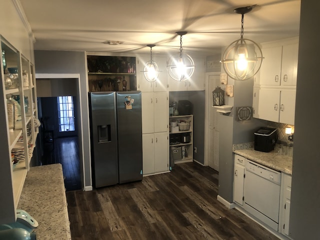 kitchen with light stone countertops, dishwasher, hanging light fixtures, stainless steel fridge with ice dispenser, and white cabinets