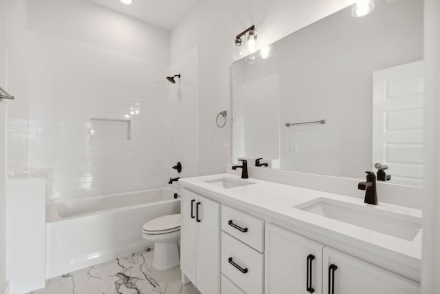 full bathroom with double vanity, toilet, tile patterned flooring, and tiled shower / bath