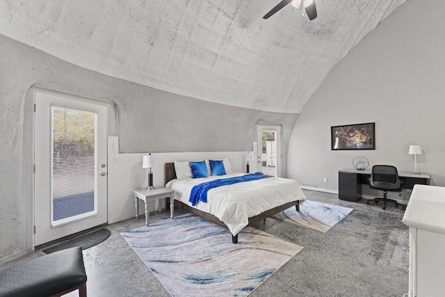 bedroom featuring ceiling fan and lofted ceiling