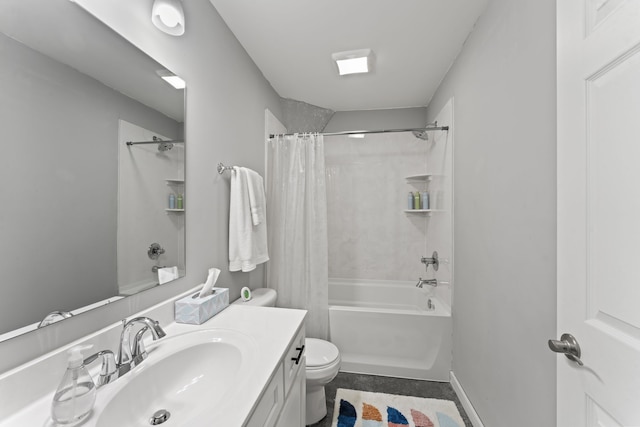 full bathroom featuring shower / bath combination with curtain, oversized vanity, and toilet