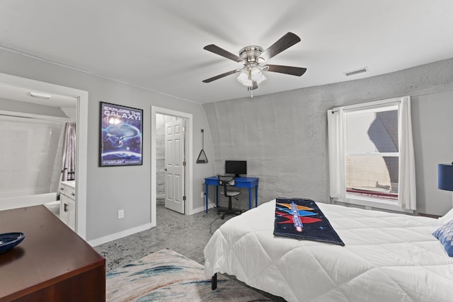 bedroom with connected bathroom and ceiling fan