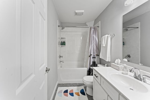 full bathroom with shower / bath combination with curtain, large vanity, and toilet