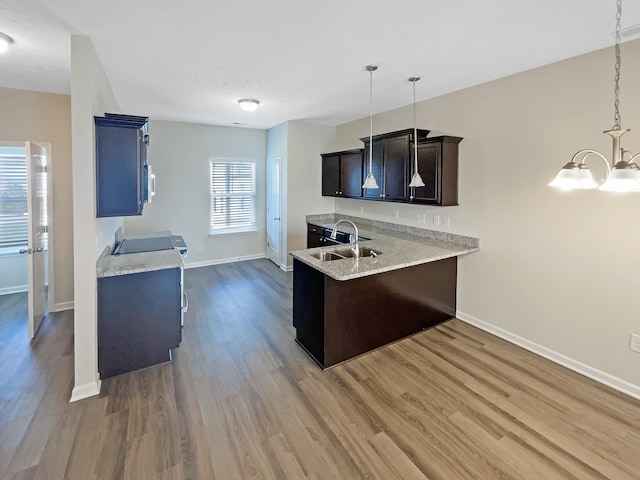 kitchen with a chandelier, decorative light fixtures, hardwood / wood-style flooring, and sink