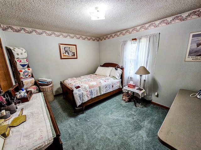 carpeted bedroom featuring a textured ceiling