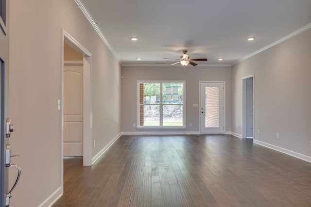 7112 Maddenwood Ln, Hermitage, TN 37076 - spare room with a ceiling fan, baseboards, recessed lighting, dark wood-style floors, and crown molding