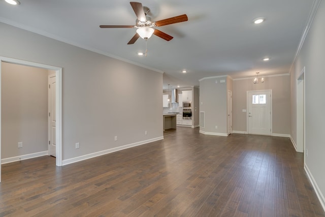 7112 Maddenwood Ln, Hermitage, TN 37076 - unfurnished living room with ornamental molding, a ceiling fan, baseboards, recessed lighting, and dark wood-type flooring
