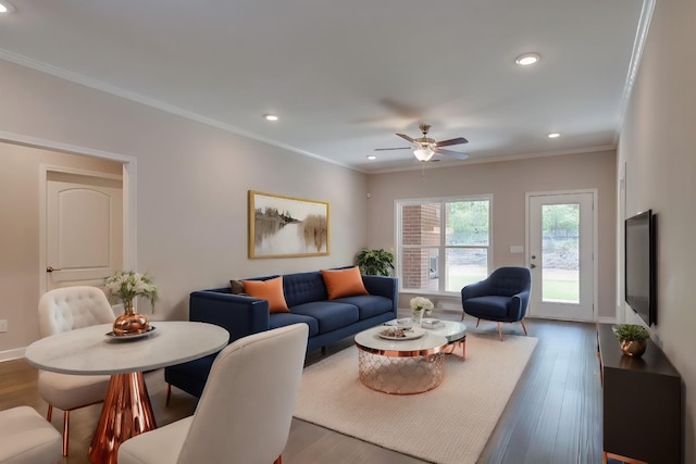 7112 Maddenwood Ln, Hermitage, TN 37076 - living room with recessed lighting, ceiling fan, wood finished floors, ornamental molding, and baseboards