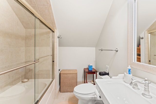 full bathroom with toilet, tile patterned flooring, shower / bath combination with glass door, sink, and lofted ceiling