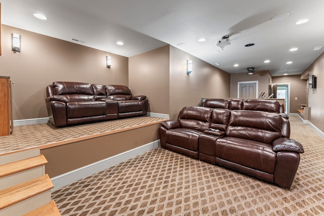 home theater featuring carpet floors