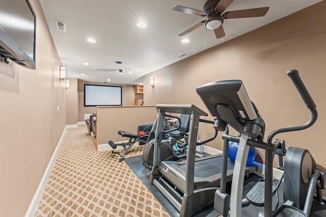 exercise area featuring ceiling fan and carpet floors