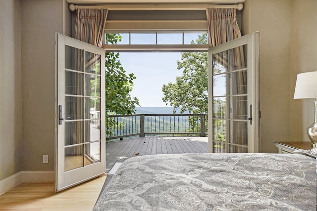 bedroom featuring french doors, light hardwood / wood-style flooring, and access to exterior