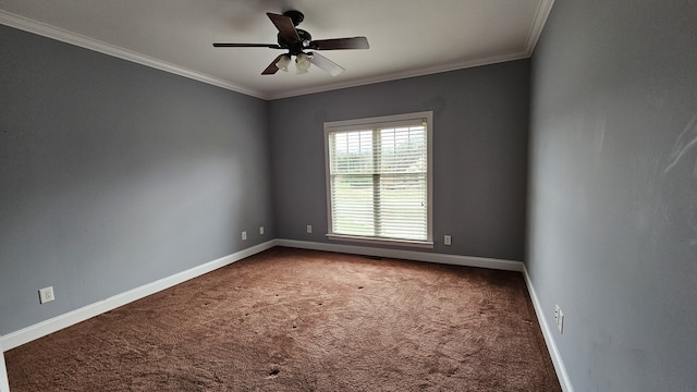 spare room with ceiling fan, carpet flooring, and ornamental molding