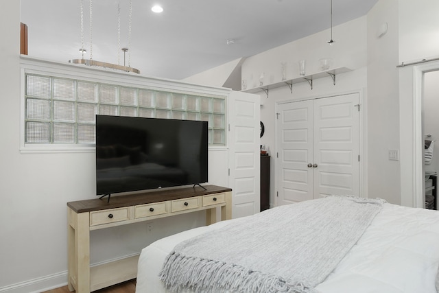 bedroom featuring a barn door, a closet, and wood-type flooring