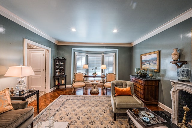 living room with dark parquet flooring and ornamental molding