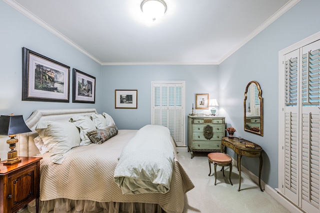 carpeted bedroom featuring ornamental molding