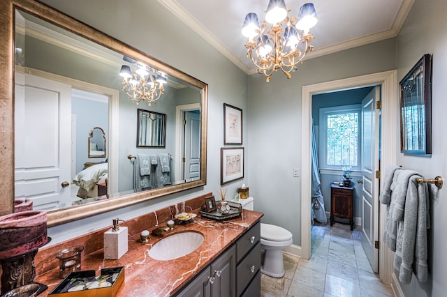 bathroom with toilet, tile flooring, vanity, and an inviting chandelier