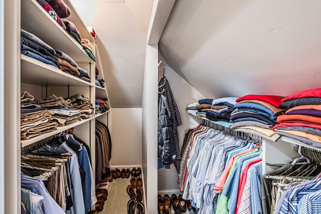 spacious closet featuring carpet and vaulted ceiling