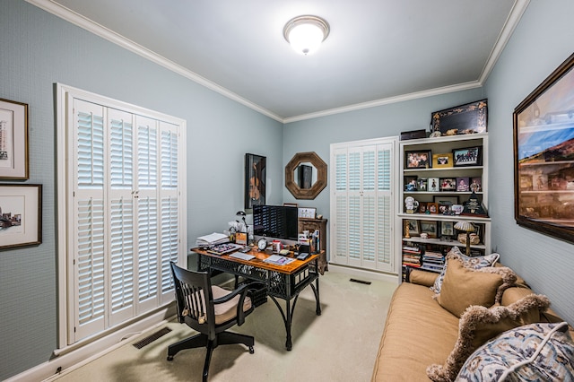 office featuring ornamental molding and light colored carpet