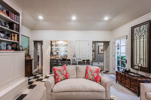 living room with lofted ceiling and light tile floors