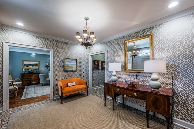 living area featuring ornamental molding, a chandelier, and light parquet flooring