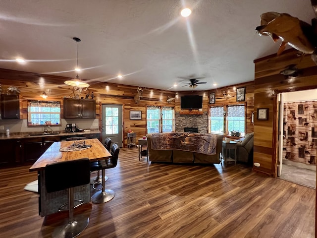 interior space featuring sink, ceiling fan, hardwood / wood-style flooring, and a stone fireplace