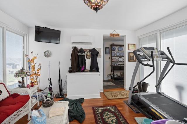 exercise area featuring a wall mounted AC and hardwood / wood-style floors