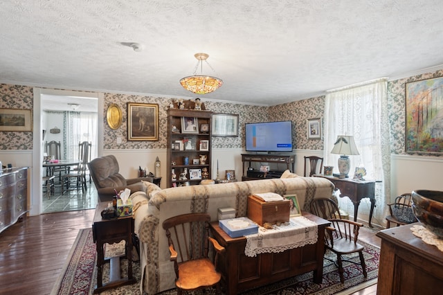 living room featuring dark hardwood / wood-style floors, a textured ceiling, and an inviting chandelier