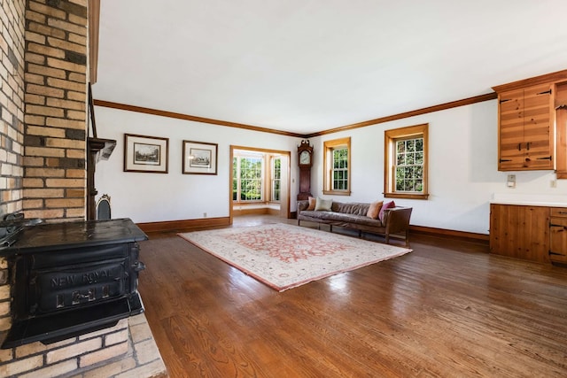 living room with dark wood-type flooring, a fireplace, and crown molding