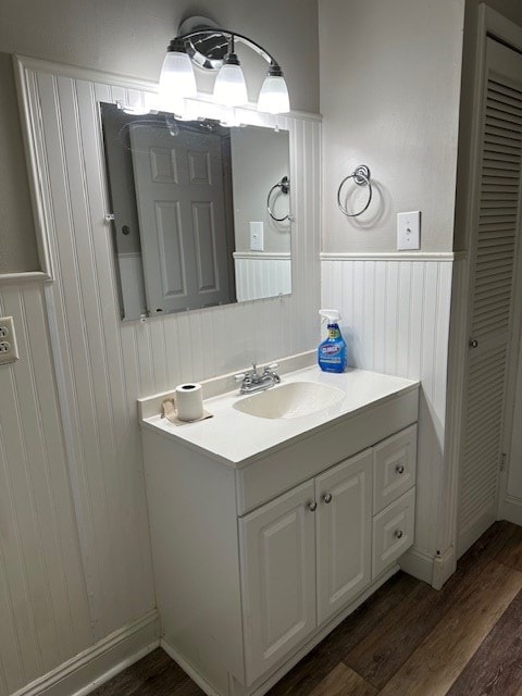 bathroom featuring wood-type flooring and large vanity