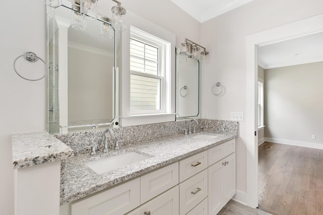 bathroom featuring hardwood / wood-style flooring, ornamental molding, and vanity