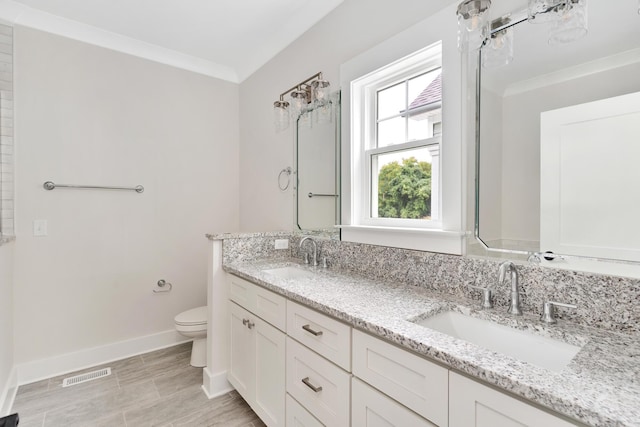 bathroom featuring toilet, crown molding, and vanity