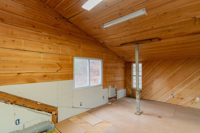 unfurnished room featuring wood ceiling, wooden walls, and vaulted ceiling