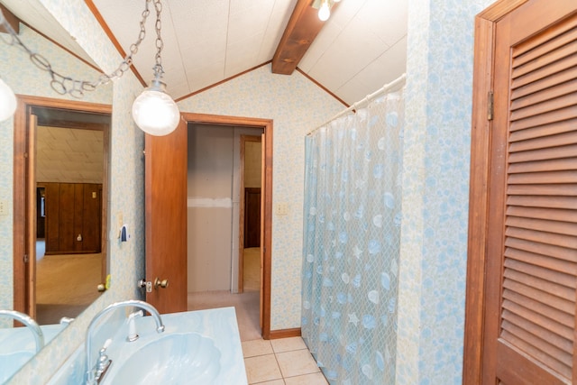 bathroom with vanity, tile patterned floors, lofted ceiling with beams, and a shower with shower curtain