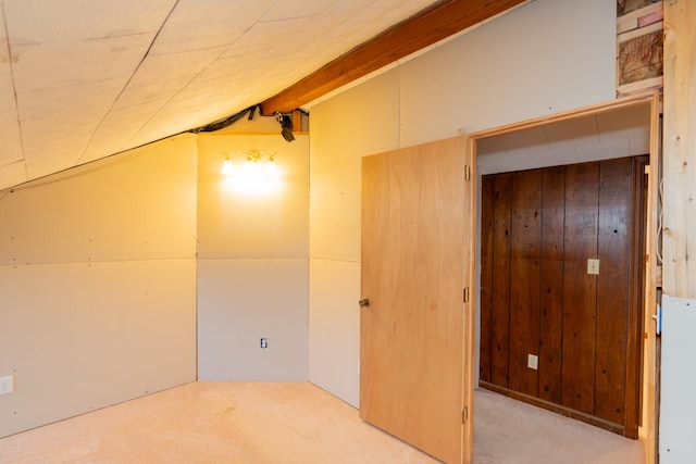 interior space featuring wooden walls and light carpet