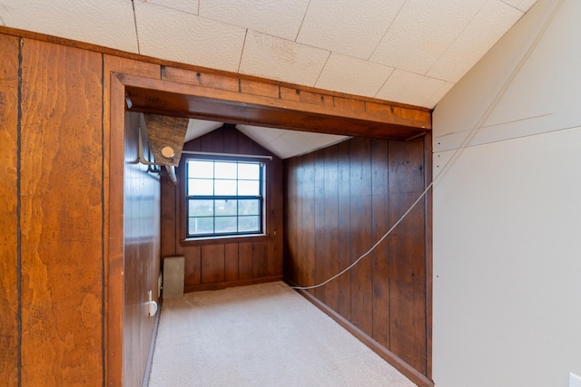 additional living space featuring wood walls, carpet flooring, and vaulted ceiling