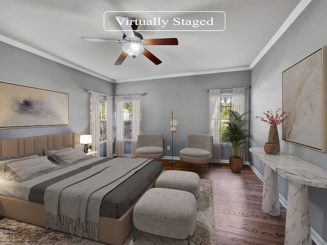 bedroom featuring ceiling fan, ornamental molding, and dark hardwood / wood-style floors