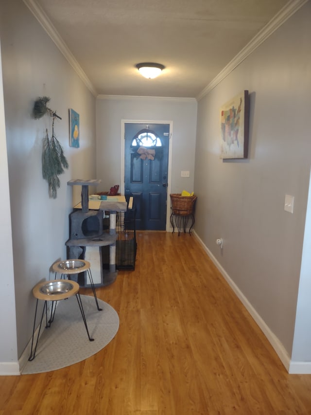 foyer entrance with crown molding and hardwood / wood-style floors