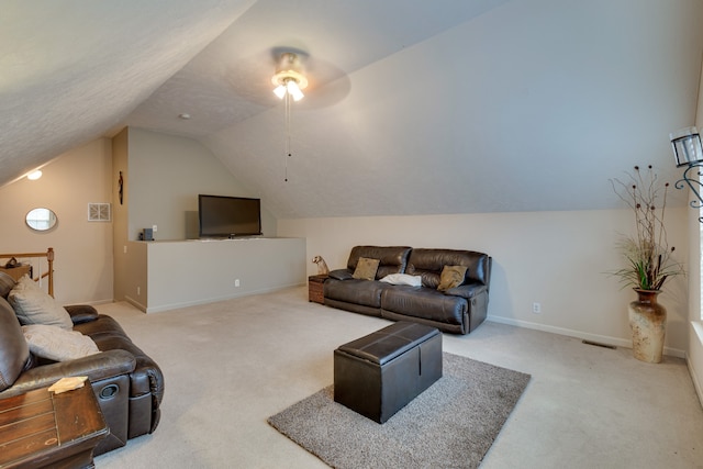 living room with light carpet, lofted ceiling, and ceiling fan