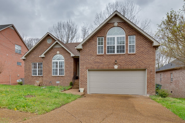 front facade with a front lawn and a garage