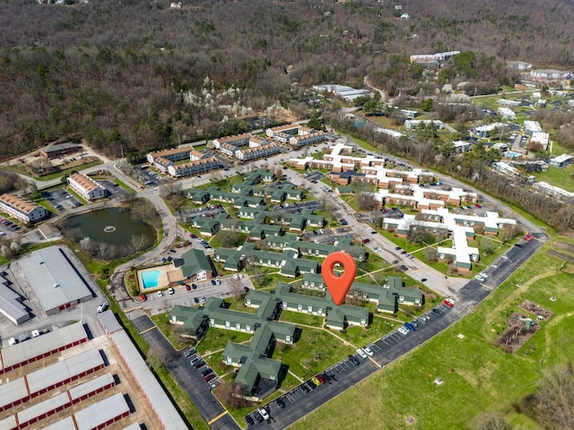 drone / aerial view with a water view