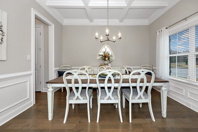 dining space featuring coffered ceiling, dark hardwood / wood-style flooring, a chandelier, beamed ceiling, and ornamental molding