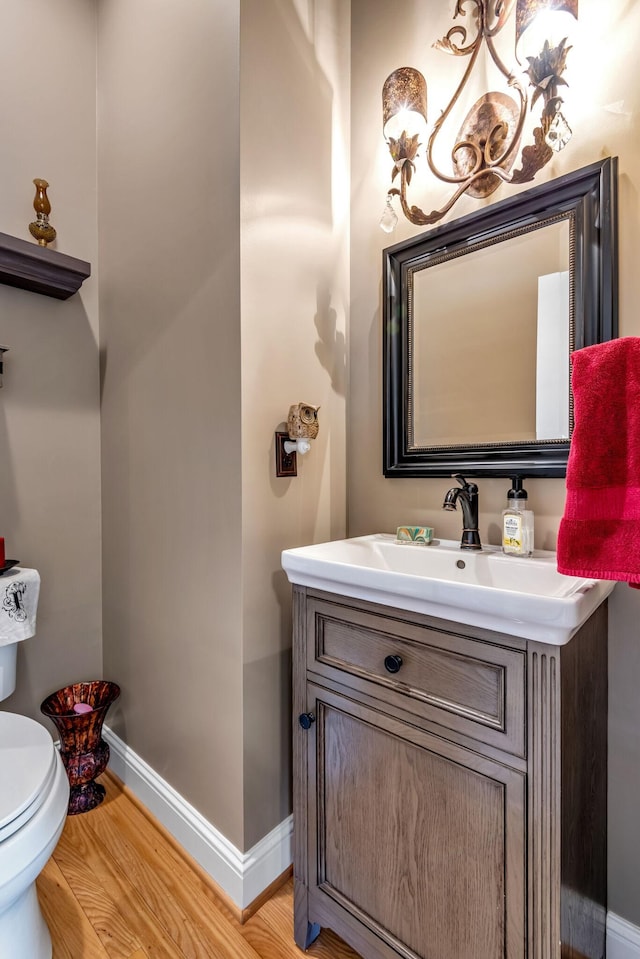 bathroom featuring vanity, wood-type flooring, and toilet