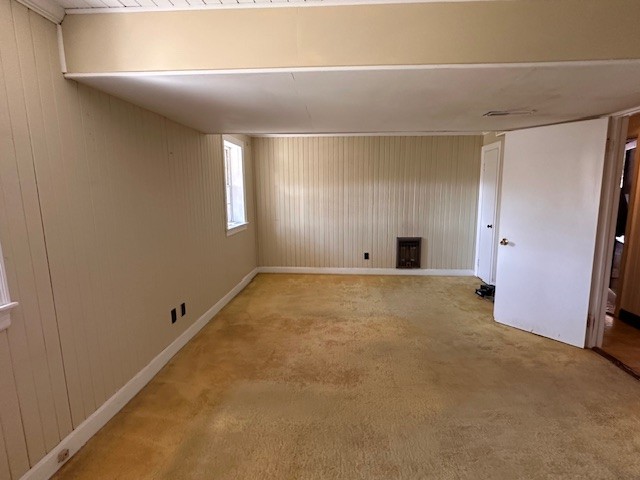 basement featuring light colored carpet